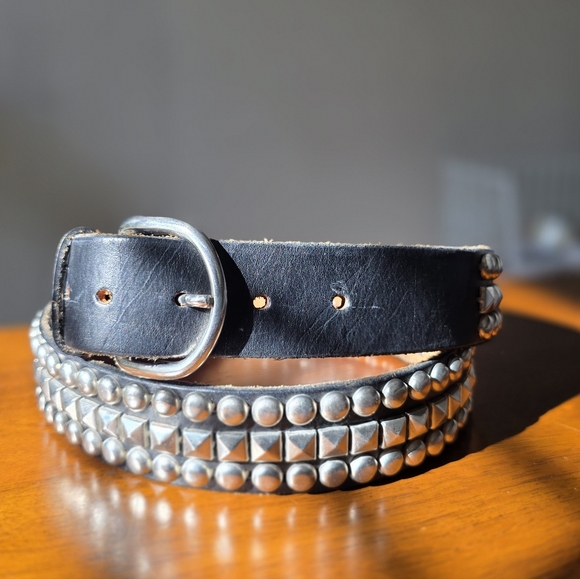 Vintage-Inspired Triple Row Mixed Stud Leather Black Belt